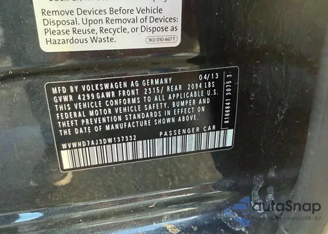 2013 Volkswagen Gti z USA, uszkodzony, nr VIN WVWHD7AJ3DW137332